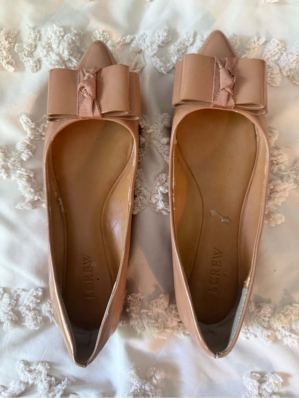 J. Crew Patent Pointed-Toe Emery Flats with Bow — Nude